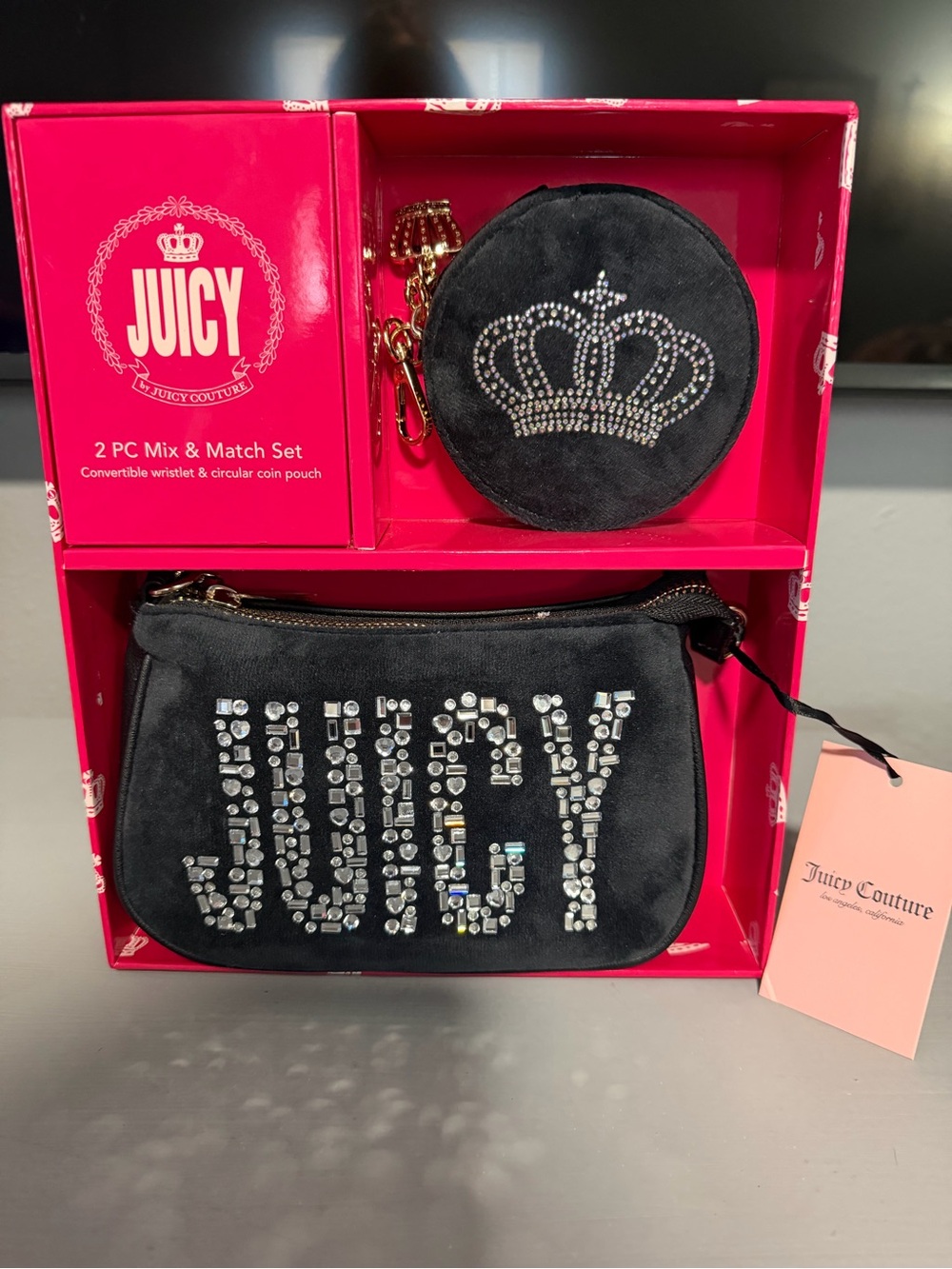 Juicy Couture black rhinestone wristlet handbag and change purse set new